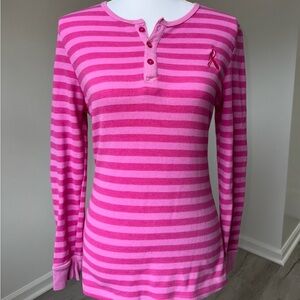 Breast Cancer Awareness‎ Pink Stripe Long Sleeve Henley Top Waffle Knit Ribbon M